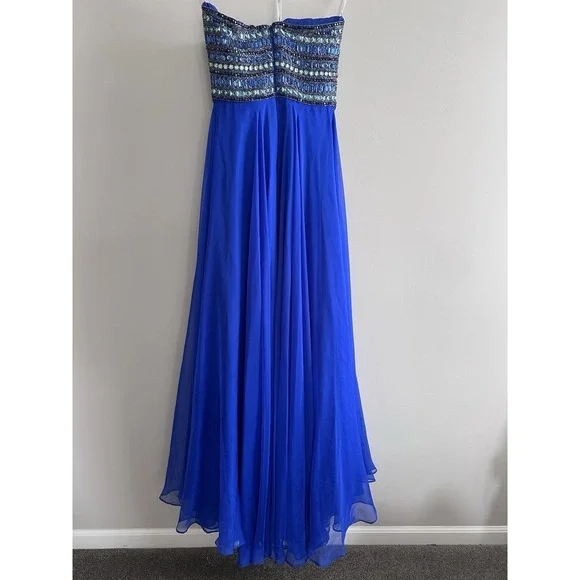 Sherri Hill Royal Blue Beaded Strapless Formal Gown Evening Party‎ Dress - Picture 4 of 9